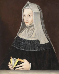 Portret van Lady Margaret Beaufort (1441-1509), halflang, in zwarte gewaden en een witte kap, een gebedenboek in haar handen