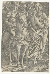 Fragment van een Kruisiging met Johannes de Evangelist en Maria en soldaten