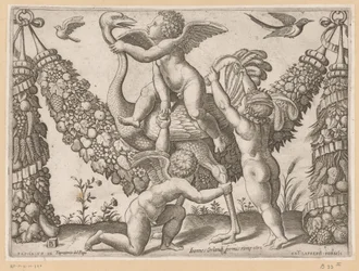 Drie putti en een struisvogel (Tapisserieën van de paus)
