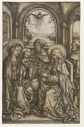 De Heilige Familie in een gewelfde ruimte