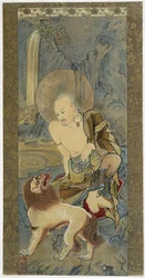 De man met de leeuw. Schilderij op zijde door Meicho (1427-1532)
