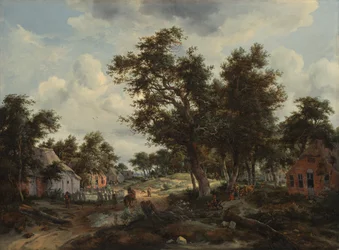 Een boslandschap met reizigers op een pad door een gehucht