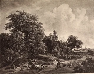 Boerderij aan de rand van een bos, met een wagen en paarden