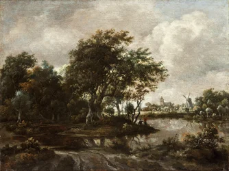 Landschap met hengelaars en een stad in de verte