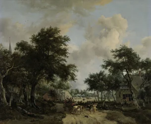 Bosrijk landschap met vrolijk gezelschap in een kar