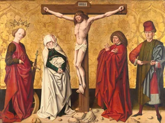 Christus aan het kruis tussen de heiligen Maria en Johannes, Catharina en Sebastian