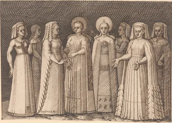 Acht dames in oude kostuums