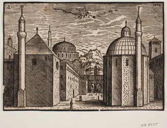 3 moskeeën, elk met 1 minaret; in de lucht een vliegende draak met lange staart