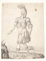 Een man in Romeinse kleding, wijzend naar een bron