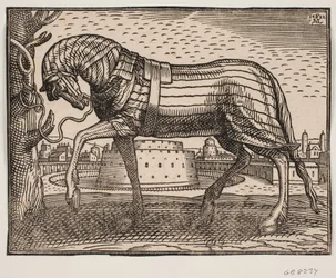 Paard, bedekt met schabrak, profiel naar links, vastgebonden aan een boom; op de achtergrond een stad met kegelvormig kasteel in een cirkelvormige gracht