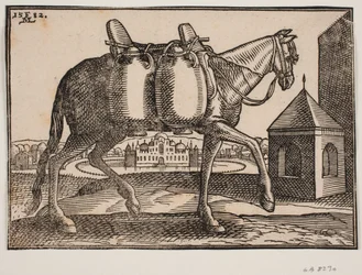 Paard, profiel naar links; aan zijn zichtbare zijde hangen twee keramische vaten; voor het paard een vierkante put met spits dak, achter het paard een kasteel met kantelen en koepels, omgeven door een cirkelvormige, met water gevulde gracht
