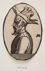Ovale medaillon met buste van een man met hangende snor en een hoed met vier flapjes; de linkerkant van het gezicht van de man is in profiel te zien
