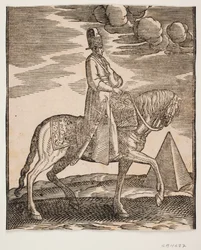 Ruiter met een fles om zijn nek, profiel naar rechts; een zwaard aan zijn rechterzijde en bagage voor hem, gedrapeerd over het zadel; rechts, op de achtergrond, een piramide