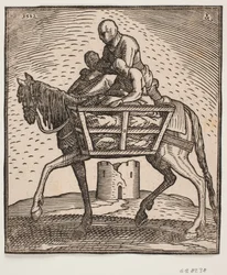 Ruiter met kap over het gezicht; aan elke kant van het paard een traliekooi met daarin een mens; profiel naar links; onder het paard een verwoeste, cilindrische toren