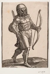 Soldaat, lopend naar rechts; laarzen en knielange kleding; in de linkerhand een boog, in de rechterhand een pijl