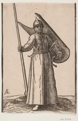 Staande soldaat met helm op het hoofd; in de rechterhand een lans, waarvan de top buiten de bovenste kaderlijn is; op de linkerarm een gebogen schild, gezien van binnen; in de riem onder de rechterarm een gebogen dolk, aan de linkerzijde een zwaard