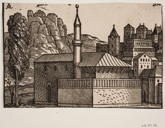 Ongeïdentificeerde moskee met 1 minaret, links hooge boom