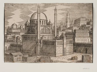 Ongeïdentificeerde moskee met 2 minaretten, gezien vanuit het noordoosten; op de voorgrond bouwplaats met gestapelde bouwstenen