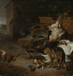Stilleven met gevogelte en vruchten