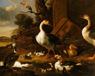 Chinese en Egyptische Ganzen en andere vogels in een Landschap met Ruïnes in de buurt