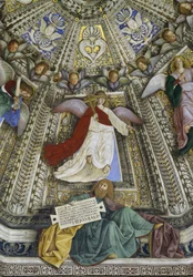 De profeet Jeremia en een engel, koepel van de sacristie van Sint Marcus, Santuario della Santa Casa, Loreto, ca. 1477-93 (fresco)