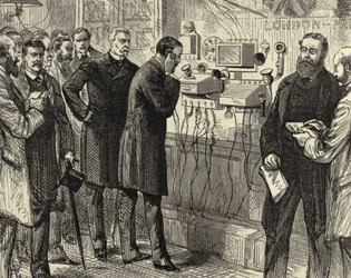 Opening van de Anglo-Engelse telefoonlijn. Het eerste telefoongesprek van Londen naar Parijs in het General Post Office, Londen. Bell-instrumenten werden gebruikt aan de Londense kant. Houtsnede Parijs 28 maart 1891. Gravure.