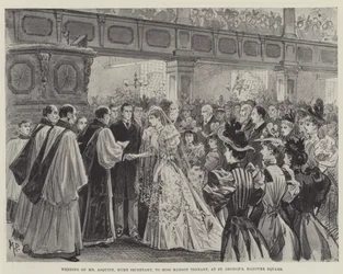 Huwelijk van de heer Asquith, minister van Binnenlandse Zaken, met juffrouw Margot Tennant, in St George