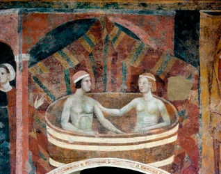 Tafereel uit het huwelijksleven in de middeleeuwen. Een paar dat zich wast in een kuip. Detail. Fresco, begin 14e eeuw