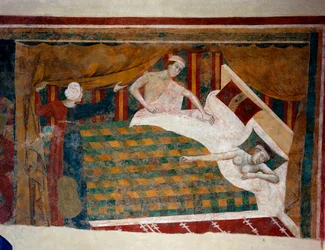 Tafereel uit het huwelijksleven in de middeleeuwen. Een man voegt zich bij zijn vrouw die naakt in bed slaapt. Detail. (fresco, begin 14e eeuw)