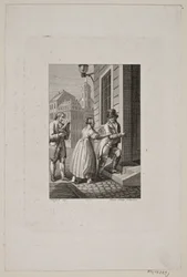 Illustratie met vrouw die een heer bij een poort tegenhoudt terwijl een dienaar toekijkt