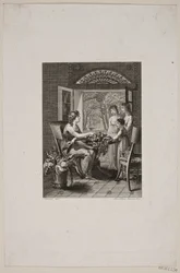 Illustratie met vrouwen aan een tafel in een tuinkamer
