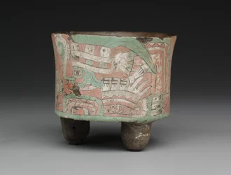 Cilindrisch driepootvat met twee figuren met bril, ca. 400-650 n.Chr.