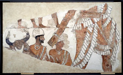 Mesopotamië: De opdrachtgever van het offer. Detail van een fresco uit het paleis van Zimrilim (circa 1782-1759). 18e eeuw v.Chr. Uit Mari. Parijs, Louvre Museum