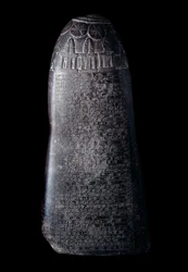 Mesopotamië: kudurru van zwarte kalksteen van koning Marduk-sapik-zari (1082-1070 v.Chr.) (stele die diende als bewijs van landschenkingen door de Kassitische heersers van Babylon aan familieleden of hoge waardigheidsbekleders). De inscriptie is in