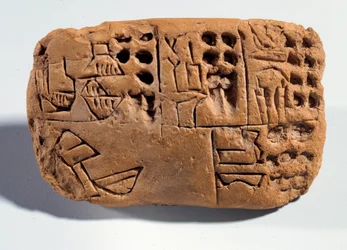 Mesopotamië: tablet van ongebakken klei met spijkerschriftinscriptie. Regio Sumer. 3300 v.Chr. Parijs, Musée du Louvre