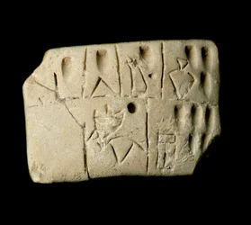 Mesopotamië: kleitablet met rekeningen in spijkerschrift. Uit de aan de godin Inanna gewijde tempel van Eanna (equivalent van Isjtar bij de Sumeriërs) in Uruk. 3200 v.Chr. Afmetingen 6,4 x 4,7 cm, Iraaks Museum, Bagdad