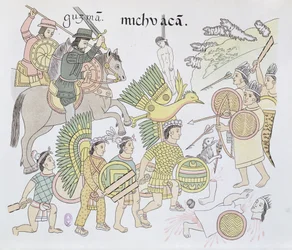Slag van Michoacán tussen de Spanjaarden en de Azteken, illustratie uit een facsimile van een Mexicaanse indiaanse beeldgeschiedenis, Lienzo de Tlaxcala, ca. 1550, 1892