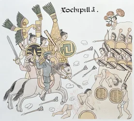 Slag bij Xochipilla tussen de Spanjaarden en de Azteken, illustratie uit een facsimile van de Mexicaans-indiaanse beeldkroniek Lienzo de Tlaxcala van ca. 1550, 1892