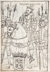 Philip II zittend te paard, dragend de orde van het Gulden Vlies, omringd door soldaten, illustratie uit Historia de Tlaxcala door Diego Munoz Camargo