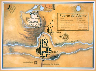 Kaart van het Alamo-gebied in San Antonio gebaseerd op de originele slagvelkaart van Santa Anna