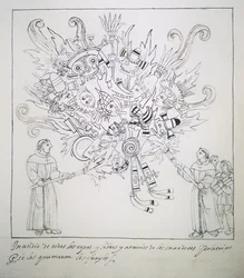 Franciscaanse monniken verbranden traditionele boeken en kleding, uit Historia de Tlaxcala door Diego Munoz Camargo