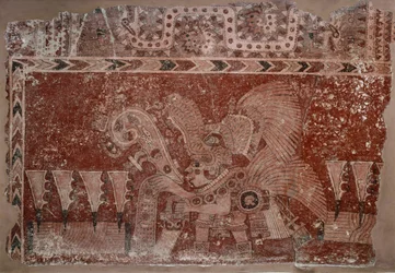 Muurschildering met Elite Man en Maguey Cactusbladeren, Teotihuacán stijl, Klassieke Periode, 500-550