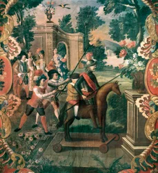 Scène uit "Don Quichot van het Kanaal" (De vernuftige edelman Don Quichot van La Mancha) door Miguel de Cervantes Saavedra