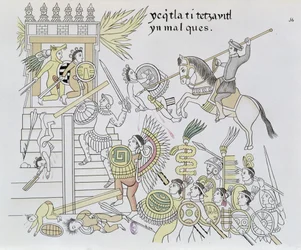 De verbranding van de afgodsbeelden door Hernán Cortés, illustratie uit een facsimile van een Mexicaanse indiaanse beeldkroniek, Lienzo de Tlaxcala, van ca. 1550, 1892
