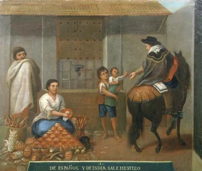 Drie figuren bij een marktkraam