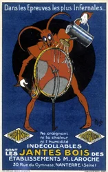 Rode duivel voor een fietswiel ter illustratie van een advertentie voor de houten velgen van Laroche (Nanterre) vestigingen (gravure)