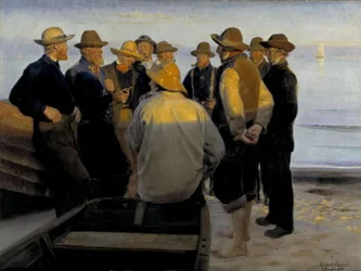 Vissers aan zee op een zomeravond