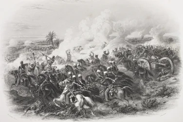 De Slag bij Moodkee, 1845, gegraveerd door C.H. Jeens, uit 