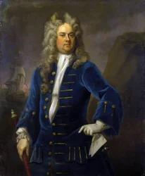 Portret van kapitein Robert Harland, met een telescoop in zijn hand