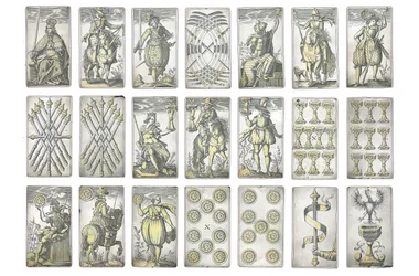 Detail van een uiterst zeldzame set van 52 speelkaarten gegraveerd in de vier Italiaanse kleuren, Augsburg